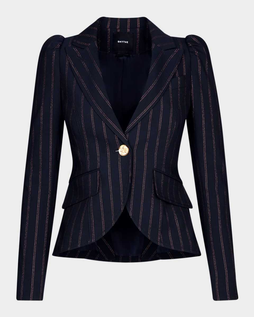Striped Puff-Shoulder Blazer